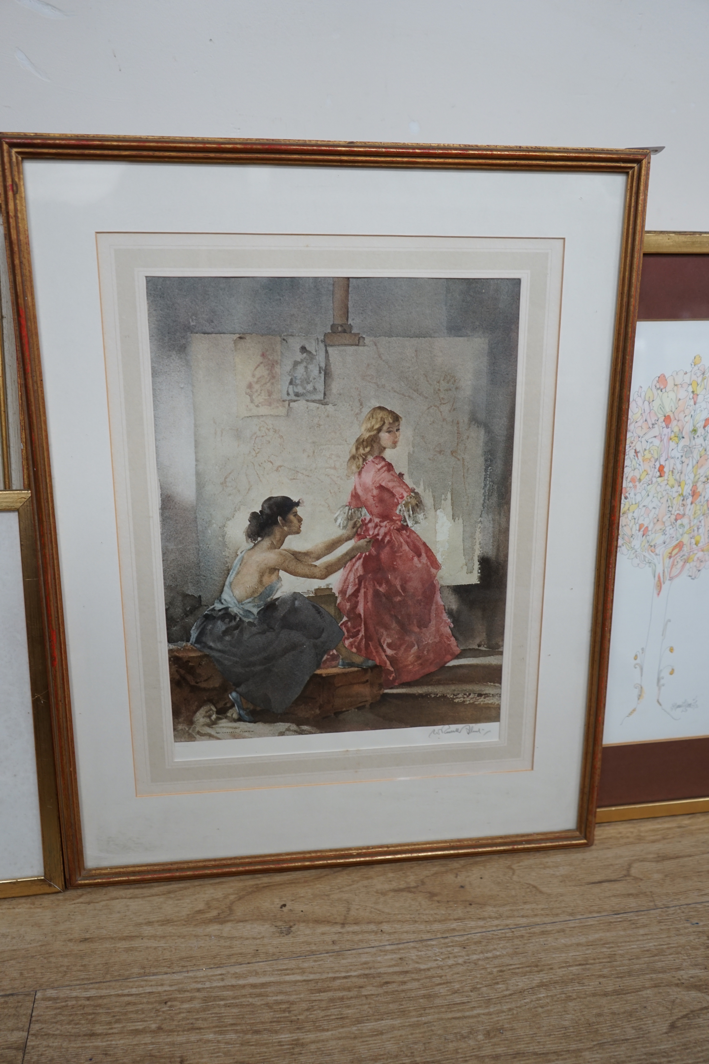 William Russell Flint (1880-1969) two colour prints, Pool below chateau and one other, one signed in pencil, gallery label verso, largest 39 x 27cm